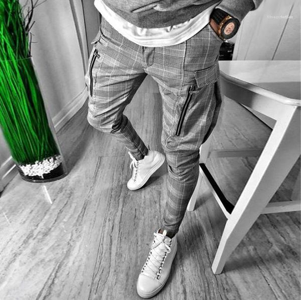 gentlemans designer pants mens slim pockets zipper fly mid waist trousers males fashion casaul pant plaid print, Black